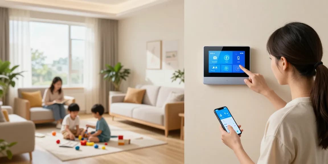 Family enjoying comfort with a smart thermostat in a cozy living room setting