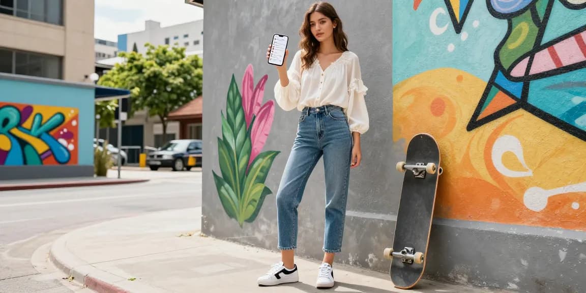Weibliche Instagram Likes kaufen und das modische Stadtleben genießen, junges Model in stylischer Kleidung, Smartphone mit sozialen Medien.