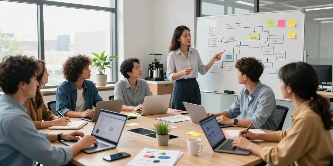Team collaboration scene building internal tools with AI in a modern office.