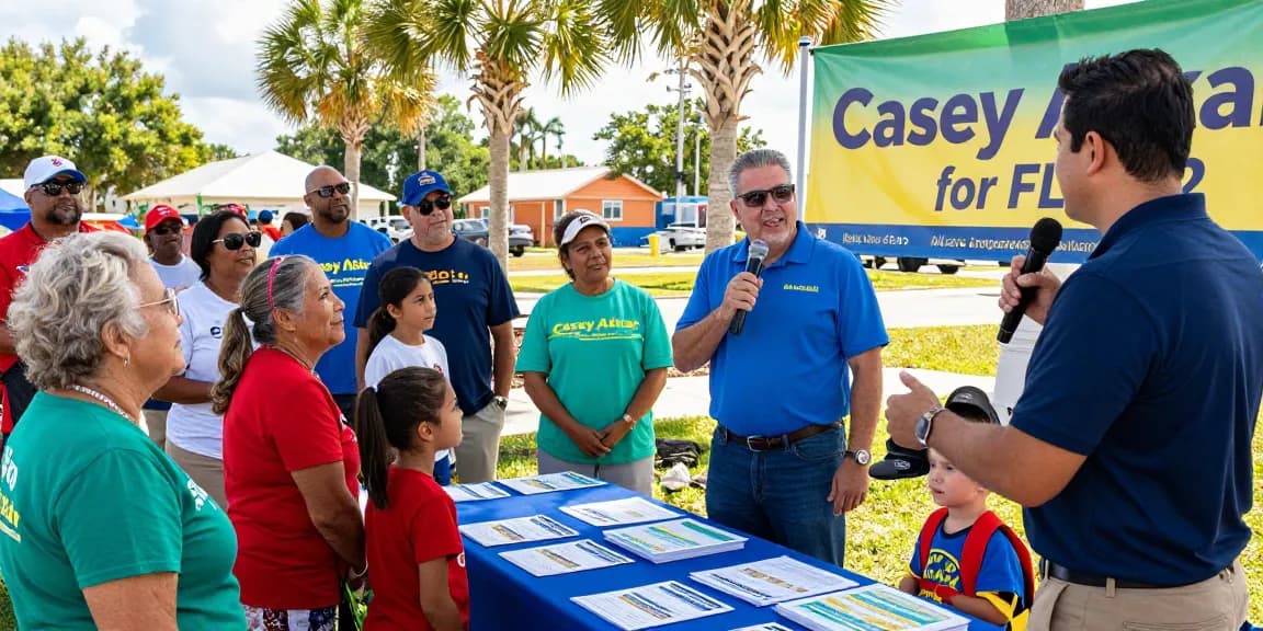 Casey Askar addressing the crowd at a community event, showcasing local engagement for FL-22.