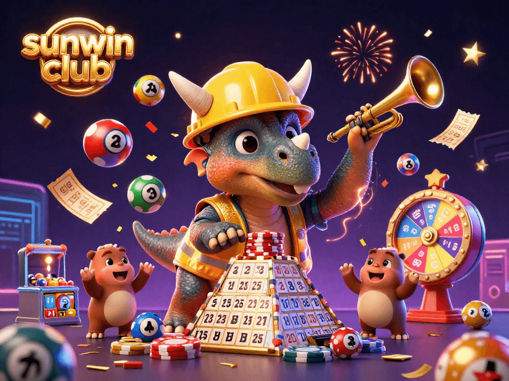 Celebrate with sunwin club in a vibrant 3D casino scene full of excitement and lottery elements.
