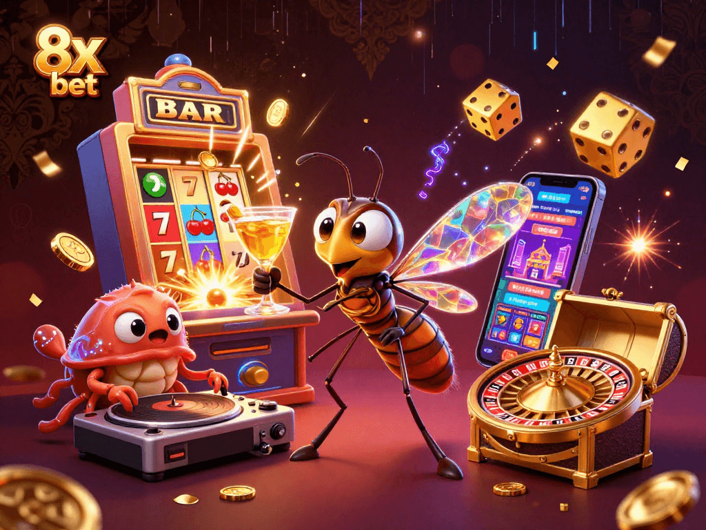 Experience vibrant gaming action with 8x bet in a dazzling, dynamic casino illustration.