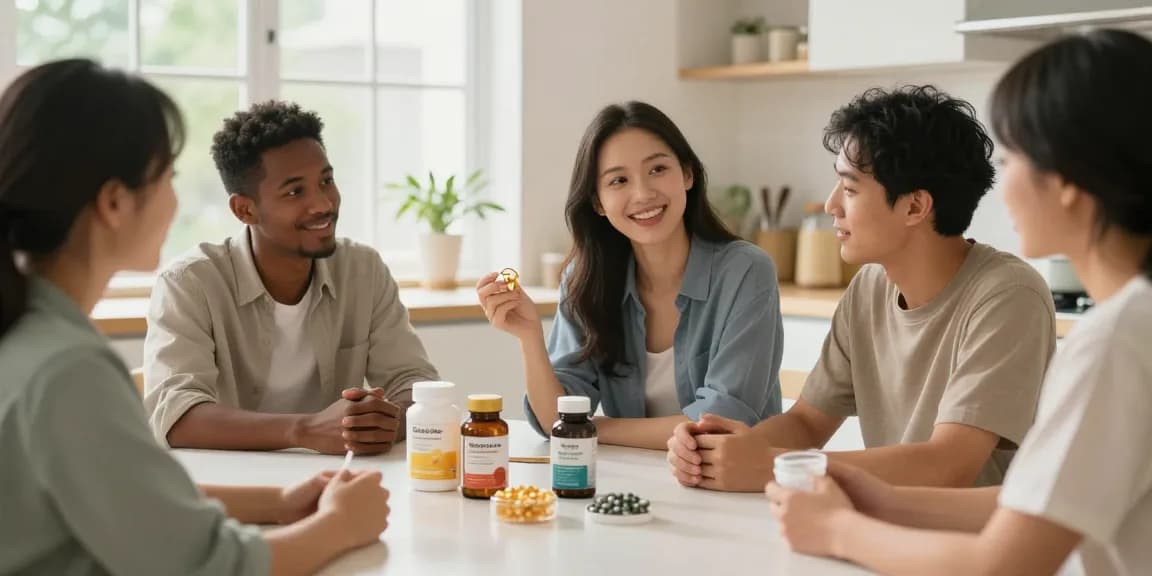 Nahrungsergänzungsmittel sinnvoll diskutieren in heller Küche mit verschiedenen Produkten.