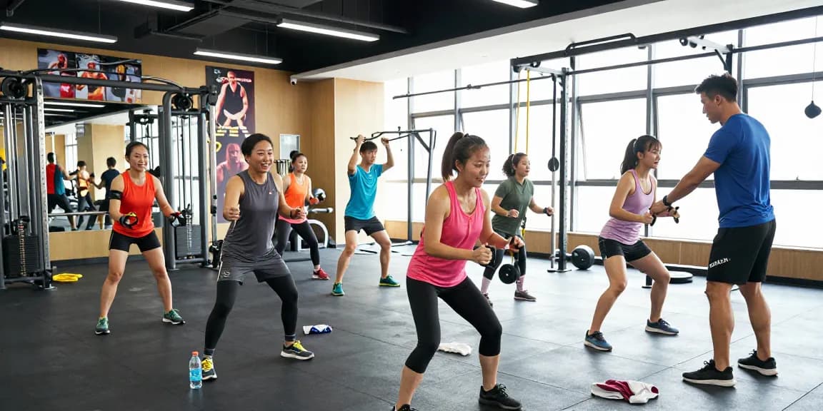 Selliza Shop - Aktive Athleten im Fitnessstudio während des Trainings mit Wasserflaschen und motivierenden Plakaten