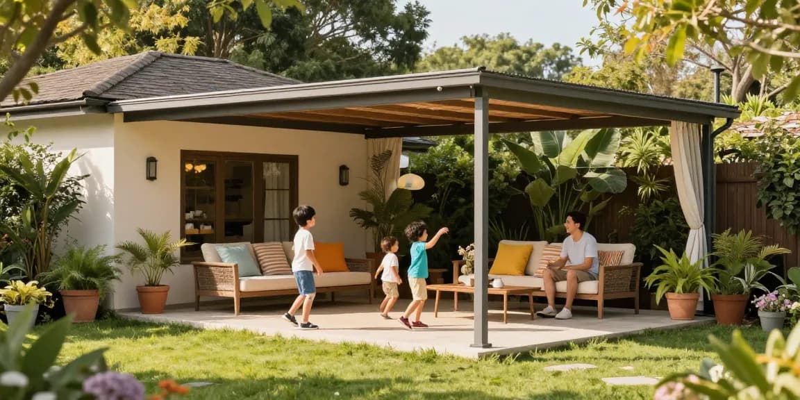 Freistehende Terrassenüberdachung in einem einladenden Garten mit Familie und Spielen