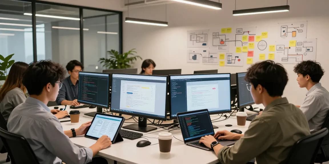 Entwickler, die in einem modernen Arbeitsbereich zusammenarbeiten, um Eigene Webanwendung erstellen lassen mit Tablets, Laptops und visuellen Designs.