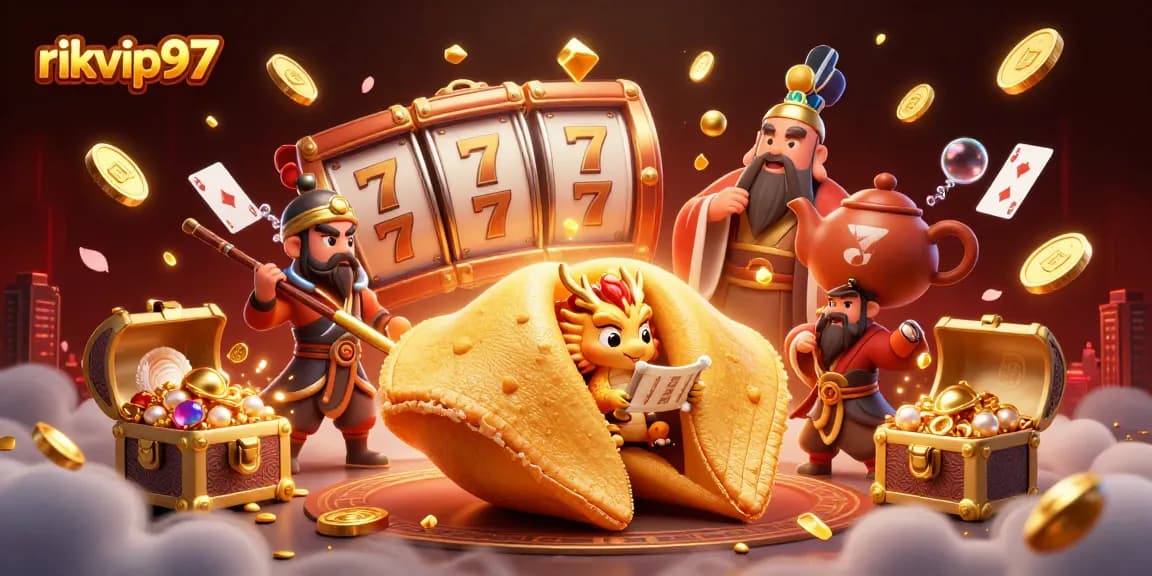 rikvip97 captures a vibrant casino scene with golden fortune cookie and dynamic slot imagery