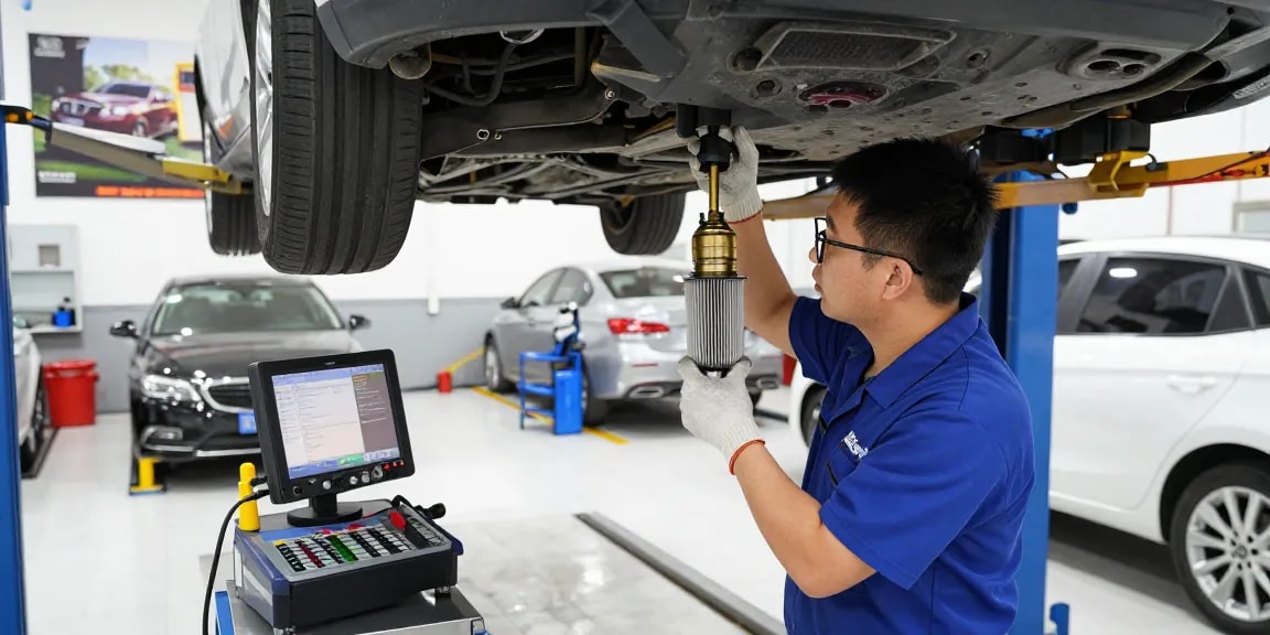 DPF Reinigung Hannover, präsentiert von einem Techniker, der den Dieselpartikelfilter in einer professionellen Automobilumgebung inspiziert.