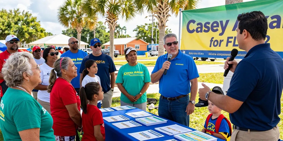 Casey Askar addressing the crowd at a community event, showcasing local engagement for FL-22.