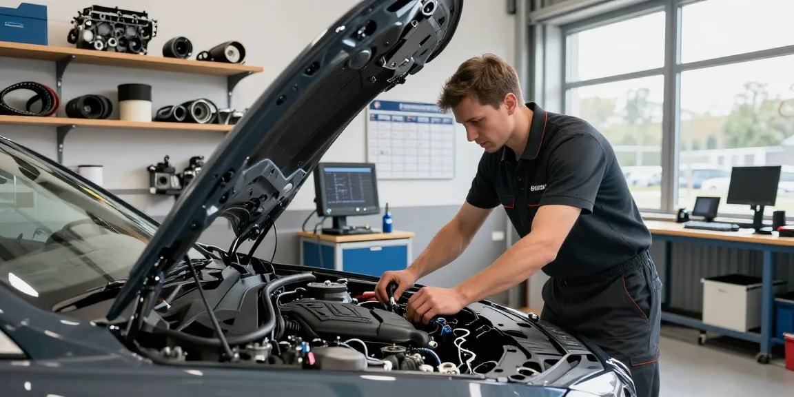 Professioneller BMW-Service Hannover mit einem qualifizierten Techniker, der Motorwartung in einer modernen Garage durchführt.