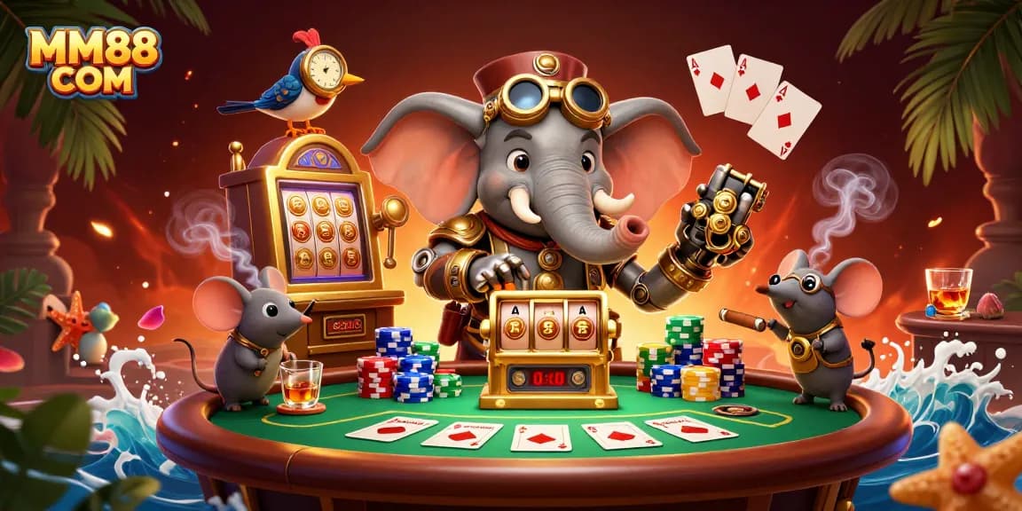 Play thrilling games at MM88 COM with a vibrant steampunk illustration showcasing excitement and fun.
