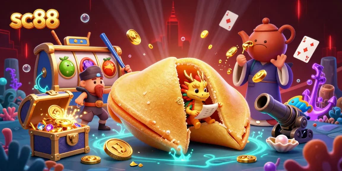 Enhance your gaming experience with sc88's vibrant, dynamic casino scene showcasing fortune cookies and dragons.