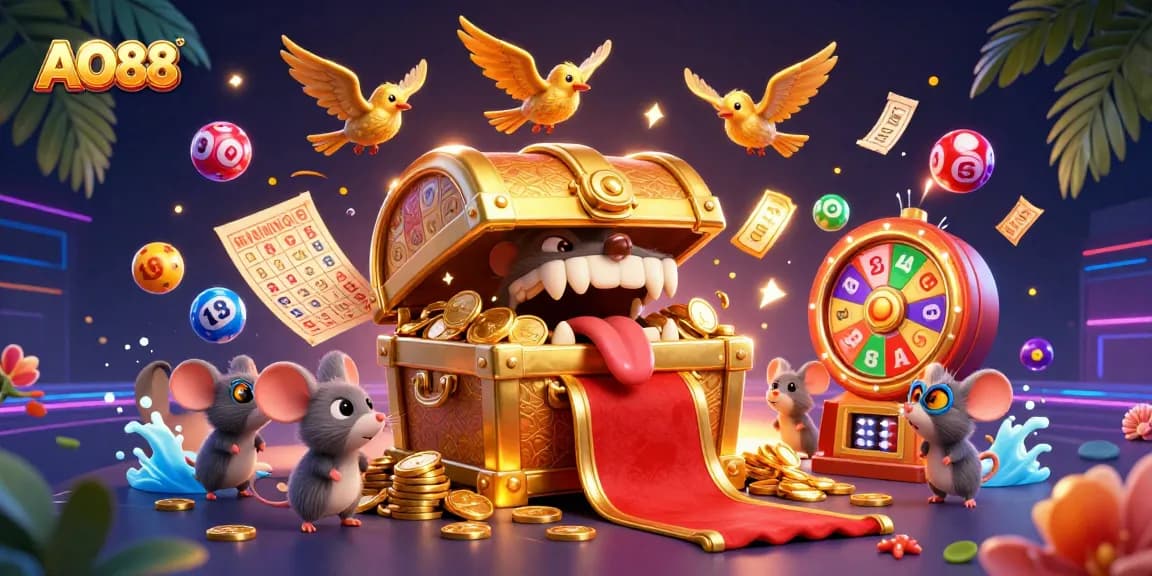 Engage with AO88's thrilling lottery scene showcasing vibrant numbered balls and golden bingo cards