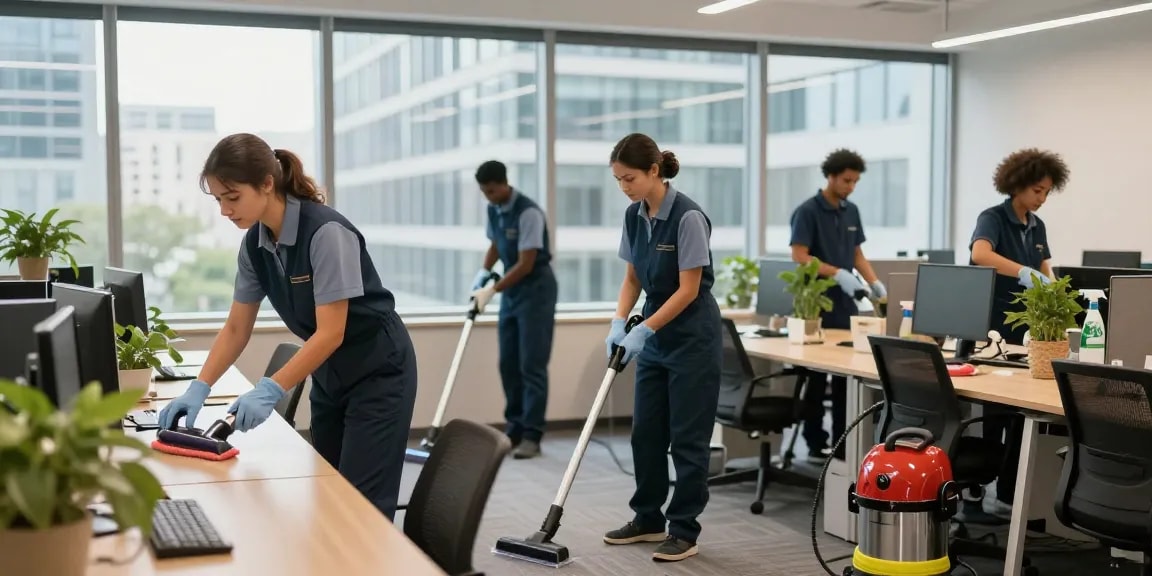 Professionelle Gebäudereinigung Düsseldorf in einem modernen Büro mit Reinigungsteam, das für Sauberkeit sorgt.