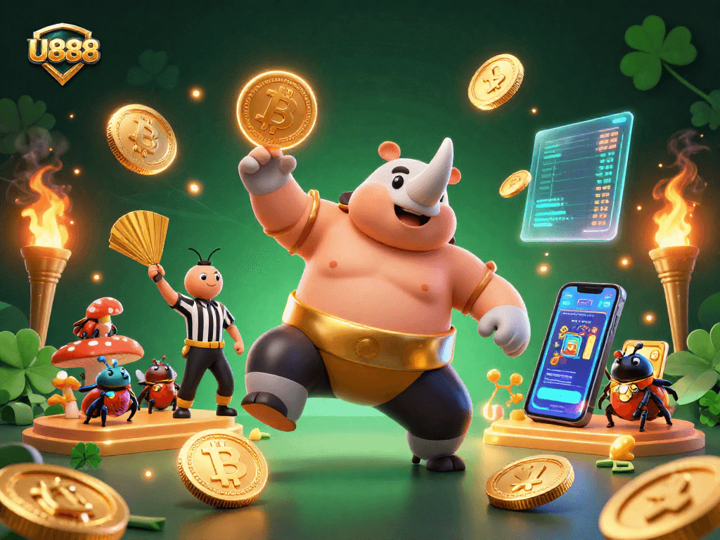 Engage with U888 through a dynamic 3D illustration featuring a beetle sumo champion amidst glowing cryptocurrency elements.