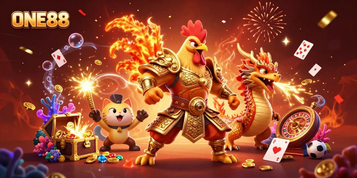 Engage in thrilling gameplay at ONE88 with a powerful rooster warrior and dragon hatchling amidst a breathtaking casino scene.