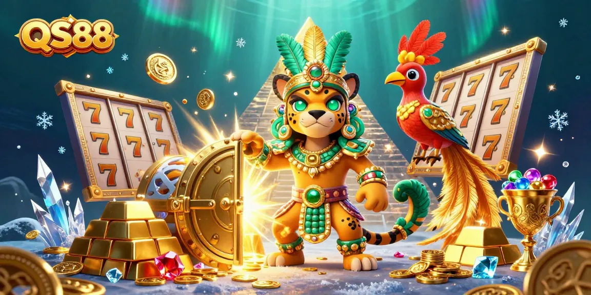 Spin the reels with QS88 as a Mayan jaguar priest celebrates treasures in a rich casino scene.
