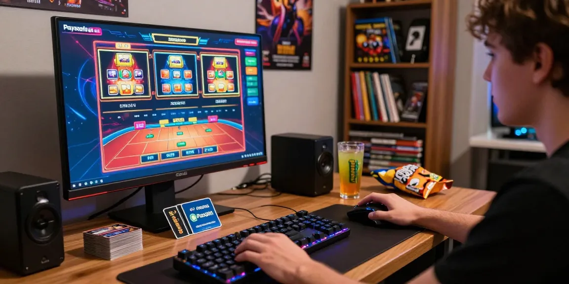 Engagierter Spieler in einem Paysafe Card Casino mit bunten Spielen, Gaming-Setup und Paysafe-Karten.