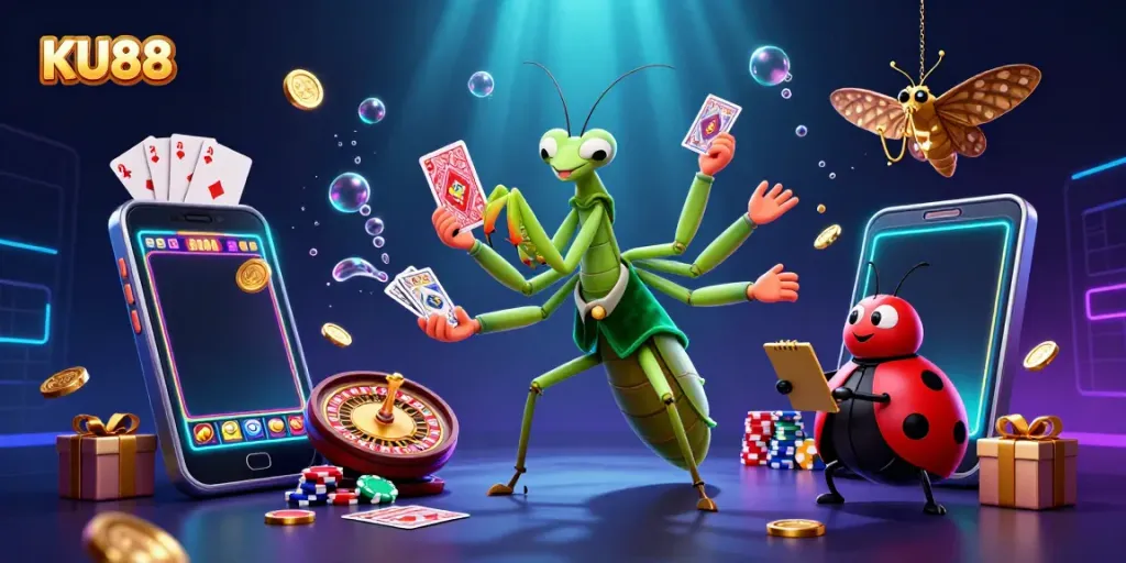 Slot machine excitement with KU88 featuring a giant praying mantis card sharp and ladybug pit boss