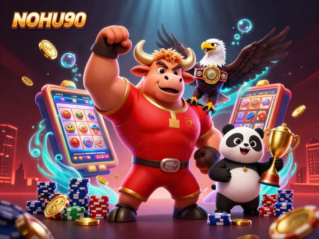Celebrate wins with NOHU90 at this vibrant casino scene featuring colorful slot machines and mascots.