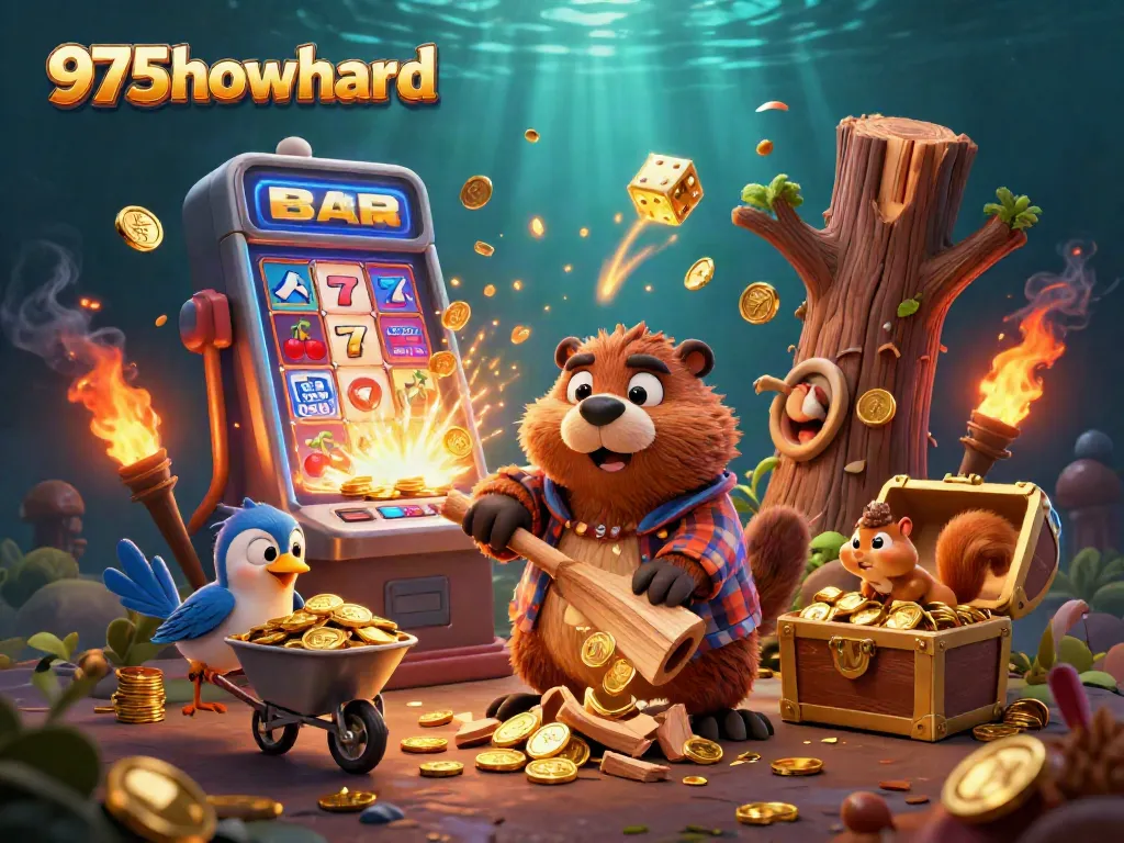 Experience the excitement of 975howard with a vibrant casino theme, featuring a cartoon beaver and gold.