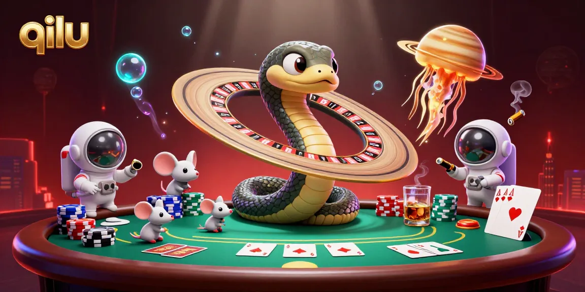 qilu's cosmic casino scene with a Saturn snake, astronaut mice betting, and jellyfish dealer
