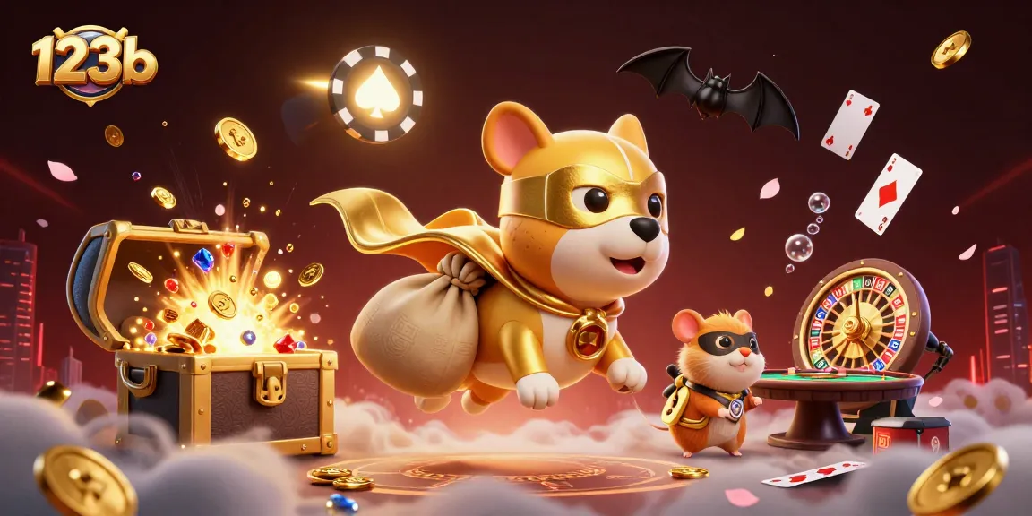 123b showcases thrilling action with a superhero dog and hamster amidst casino elements.