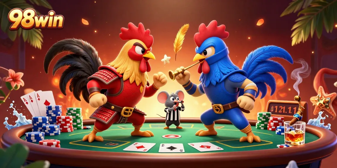 Experience thrilling standoffs at 98win with epic 3D cartoon fighting roosters and casino action.