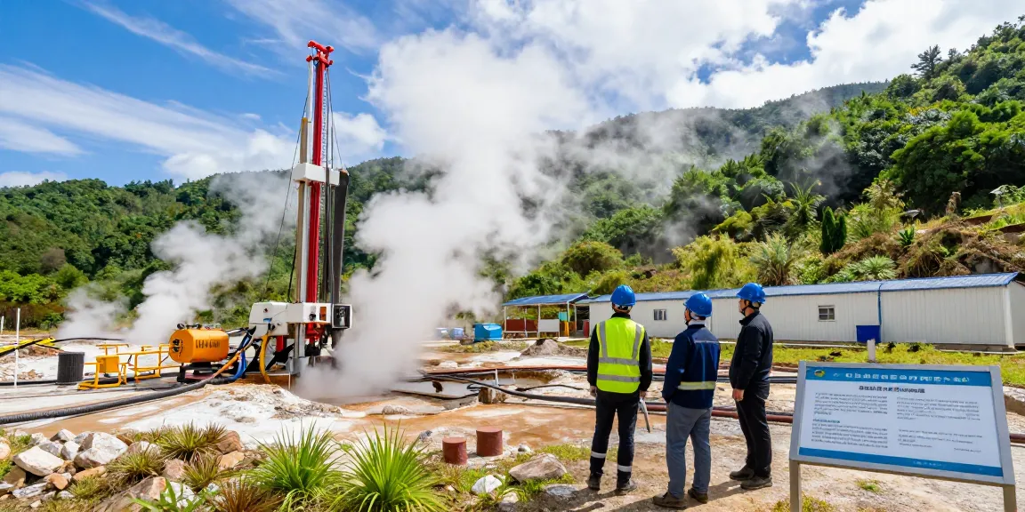 Fachleute untersuchen Geothermie-Anlage mit dampfenden Bohrlöchern und nachhaltiger Energie in der Natur.
