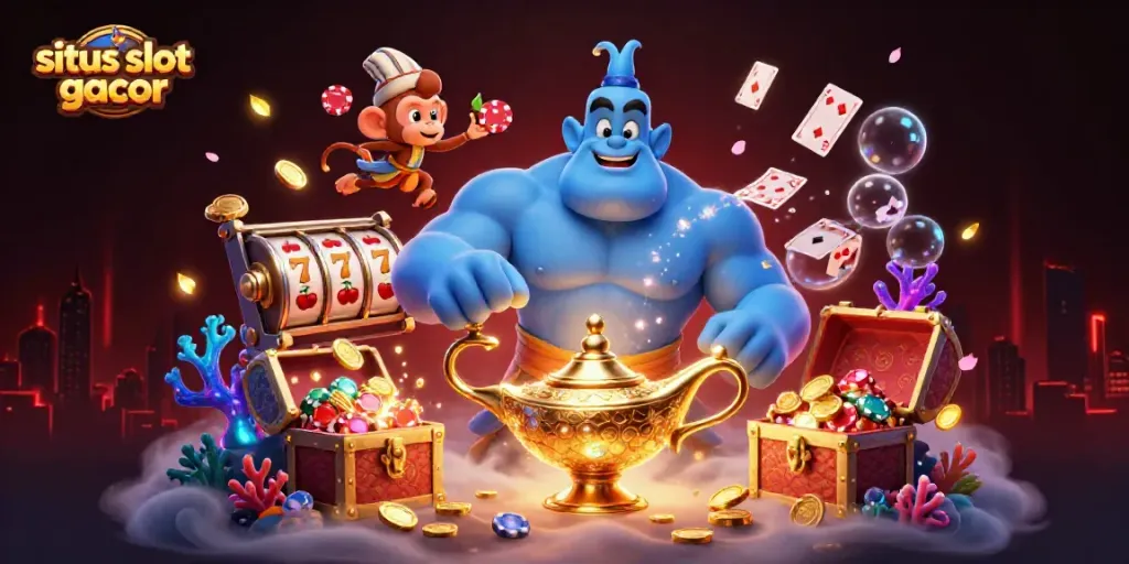 Experience situs slot gacor with a powerful genie, vibrant poker chips, and dazzling slot elements.