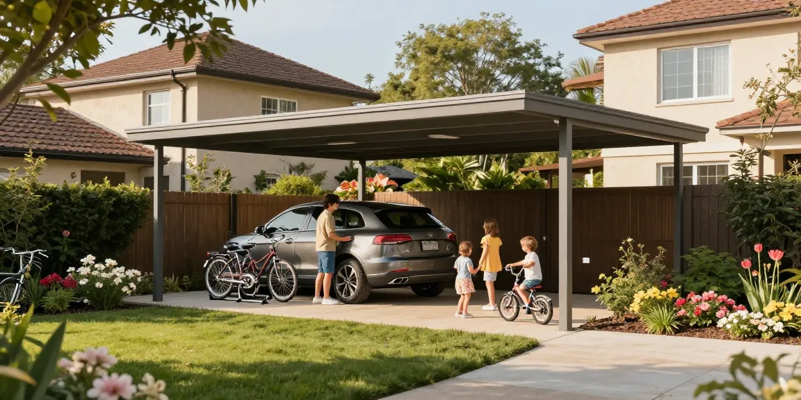 Ein moderner Carport schützt ein Auto in einem schönen Garten im Sonnenlicht.