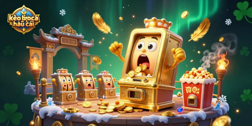 Celebrate big wins with kèo bóng đá nhà cái in a dynamic 3D casino scene featuring joyful slot machines.
