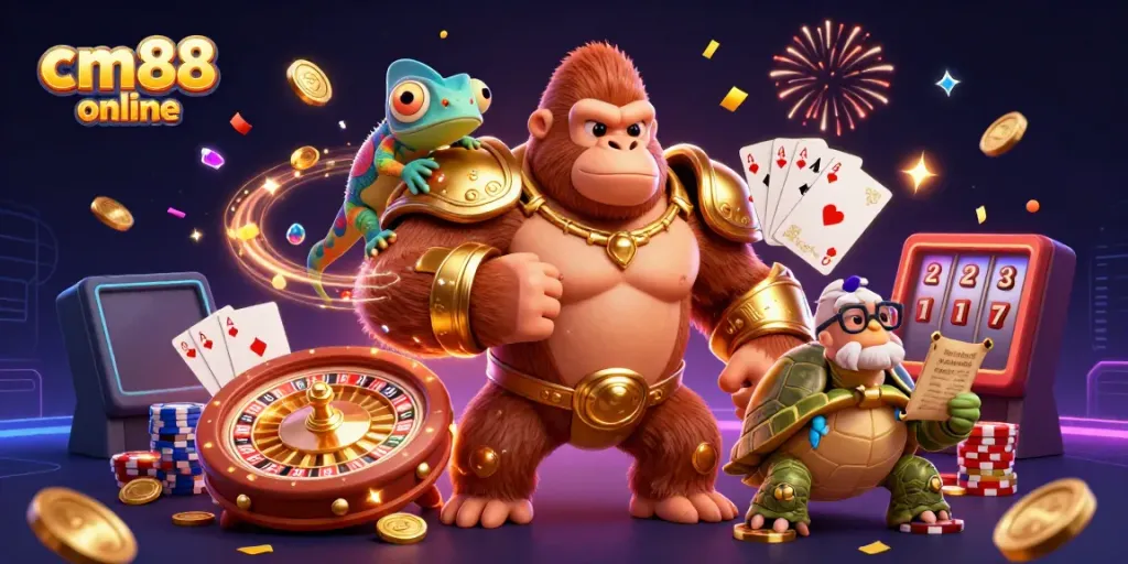 Engage with exciting games at cm88 online featuring a gorilla king, chameleon, and tortoise.