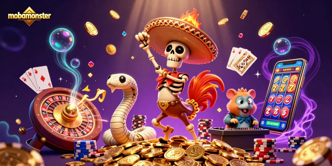 mobamonster showcases a vibrant 3D casino scene with skeleton mariachi, mummy snake, and zombie hamster DJ.