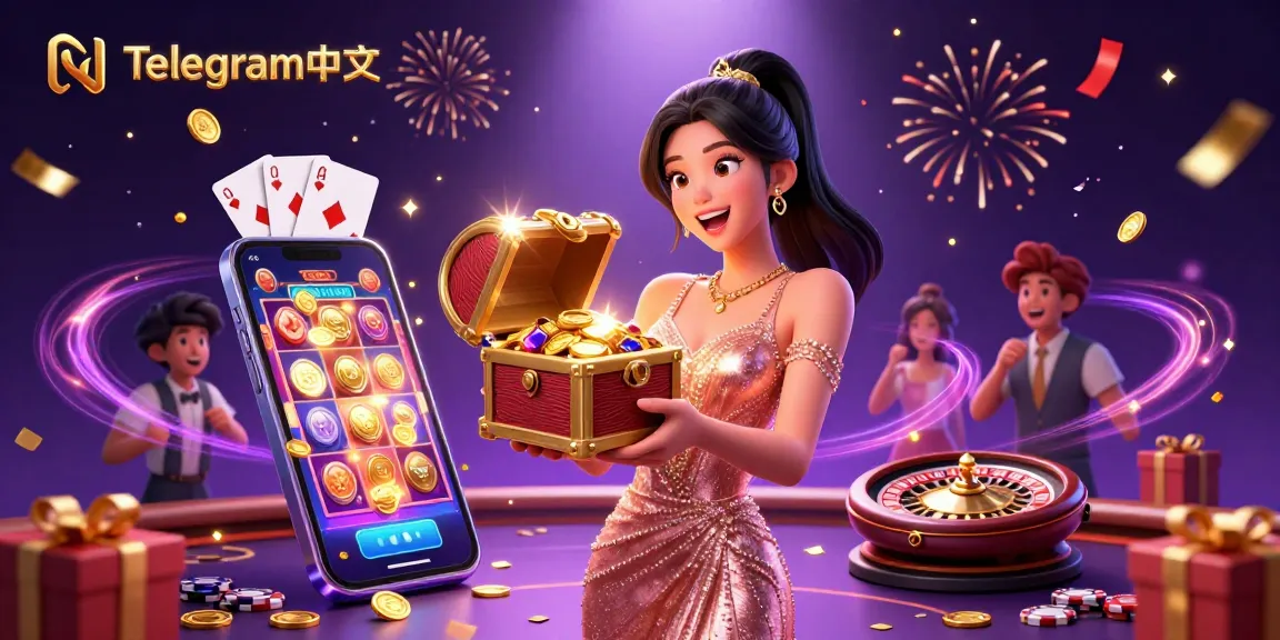 展示一位快乐女性在生动的赌场环境中展示宝藏的Telegram中文吸引场景。