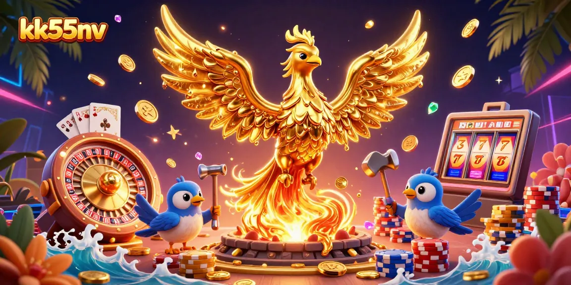 Experience winning moments at kk55nv with a dynamic illustration of golden phoenix and casino elements.