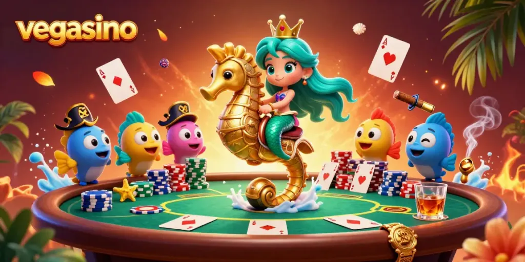 Experience vegasino excitement with a mermaid princess, poker elements, and vibrant casino action.