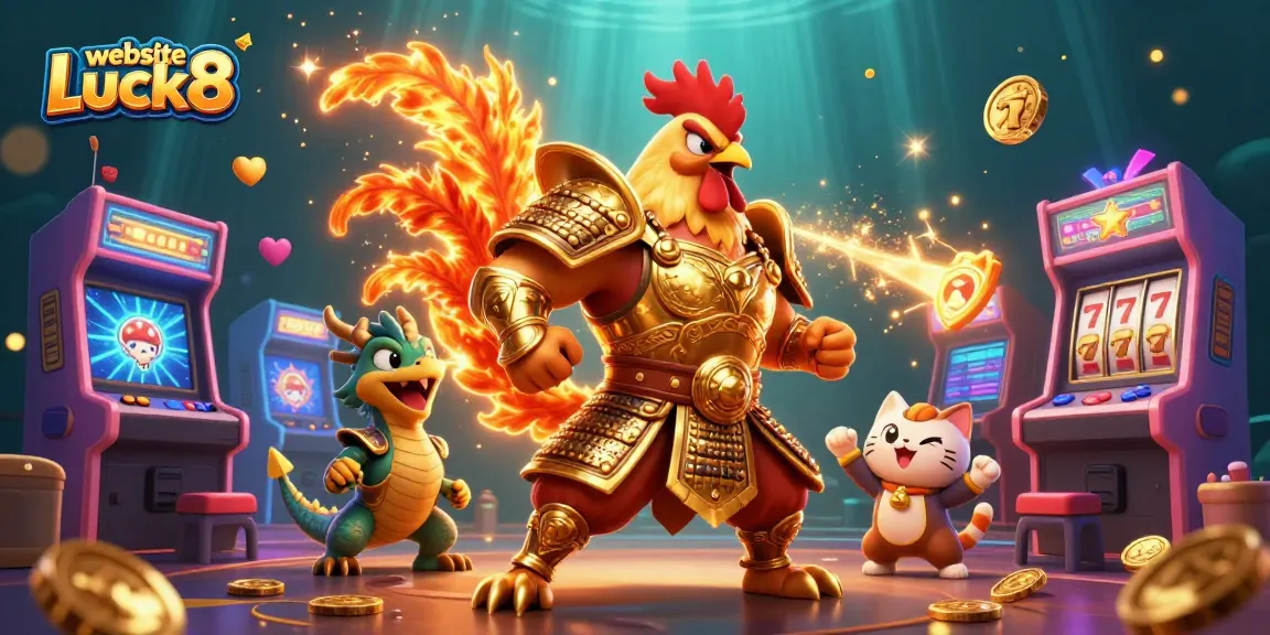Engage in thrilling gaming adventures on the website Luck8 with a dynamic illustration of a rooster warrior and dragon.
