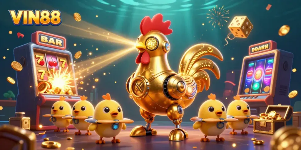 Experience the excitement of VIN88 with a golden rooster robot and baby chick drones amidst vibrant casino imagery!