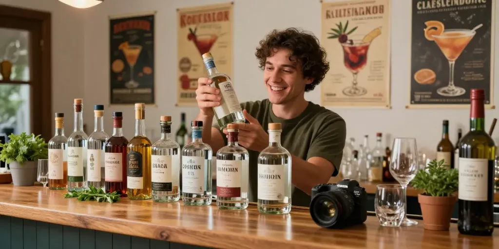 Person organisiert ihre Gin Sammlung in einer gemütlichen Hausbar mit verschiedenen Flaschen.