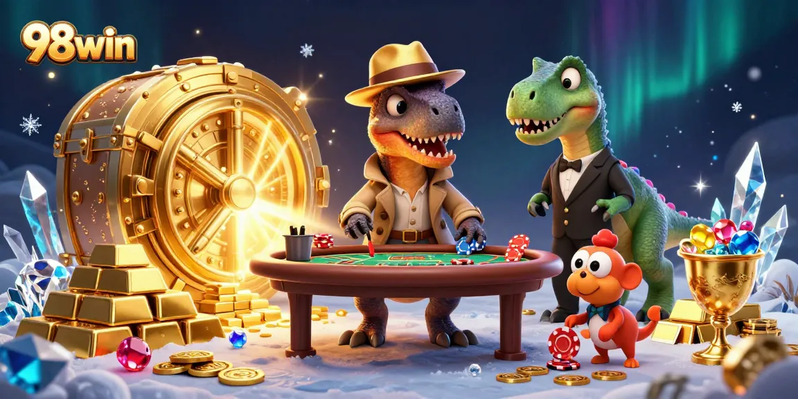 Experience 98win casino excitement with vibrant characters counting cards at a blackjack table.