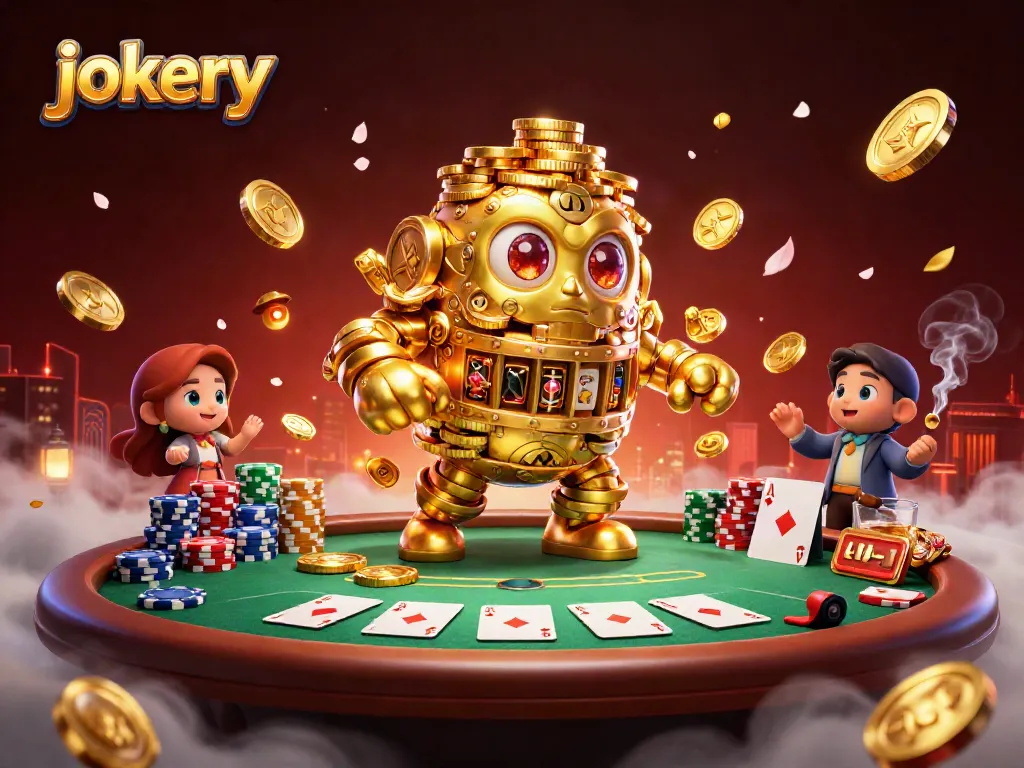 Engage in thrilling gaming action with Jokery, featuring dynamic poker elements and a mesmerizing golden golem.