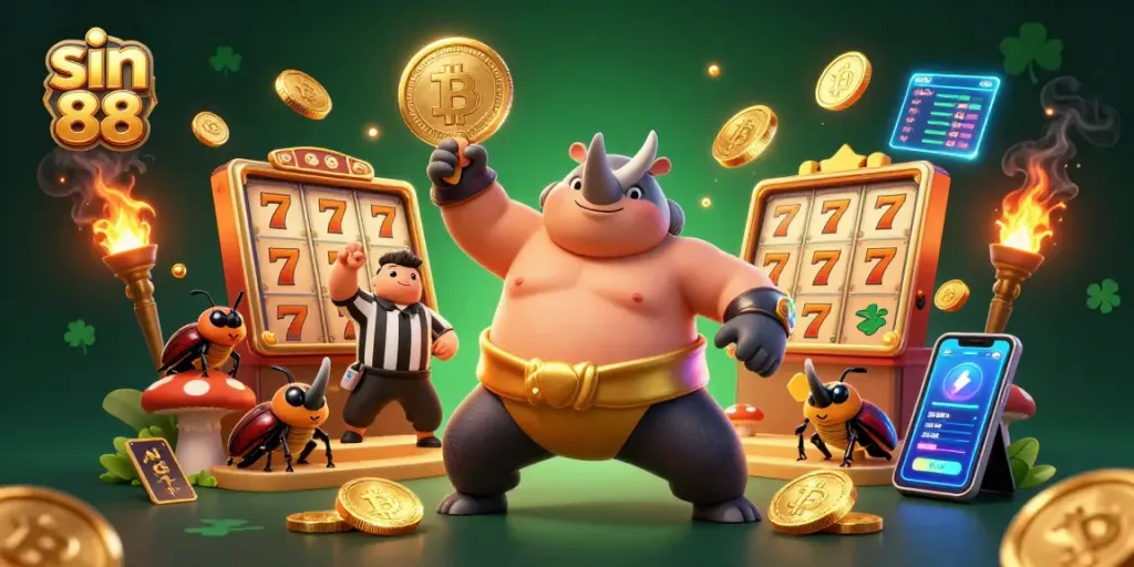 Experience thrilling gameplay with sin 88 as a beetle champion stomps gold coins amidst vibrant casino elements.