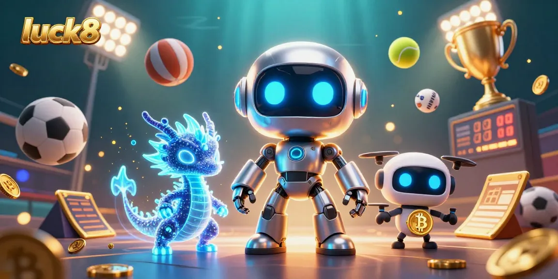 Engaging in luck8 gaming with a cyberpunk robot and AI dragon, surrounded by sports elements.