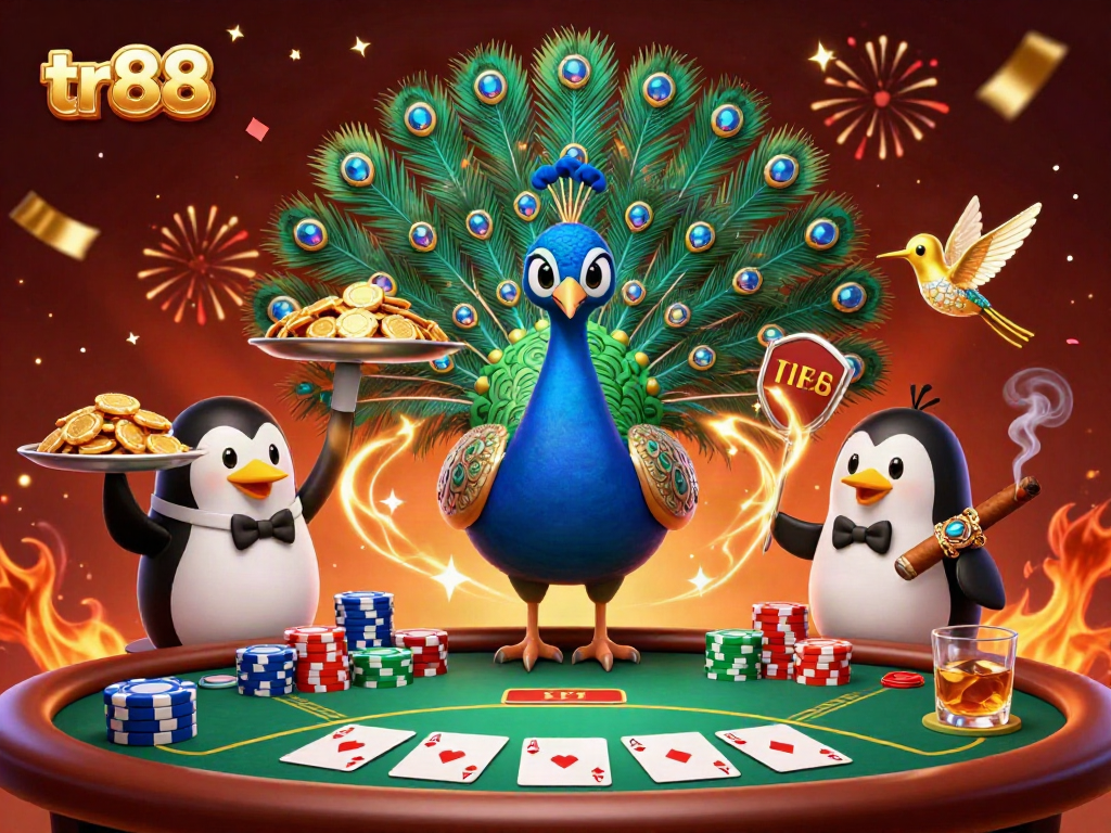 Interact with tr88’s vibrant casino scene featuring a peacock and penguin amid poker excitement.