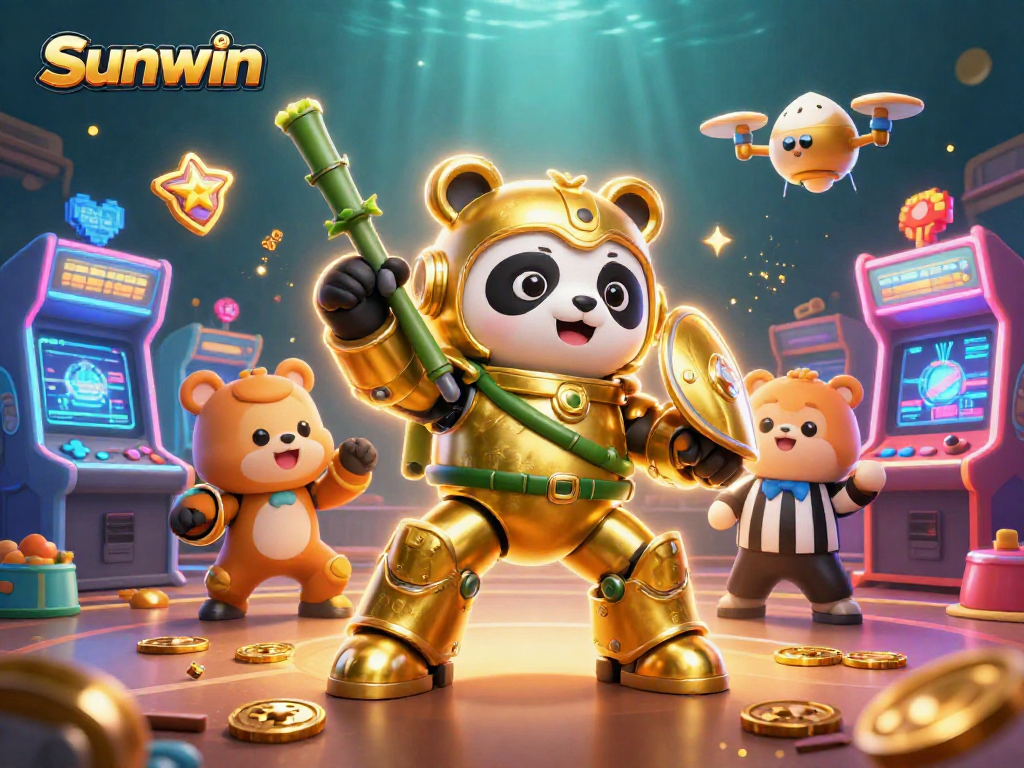 Engage with the Sunwin-themed gaming arena where a golden panda battles for jackpots in a vibrant 3D illustration.