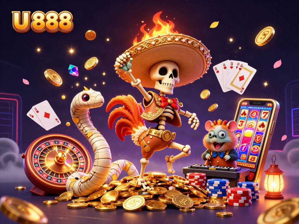 U 888 showcases a vibrant casino scene featuring a mariachi rooster celebrating wins with coins and gems.