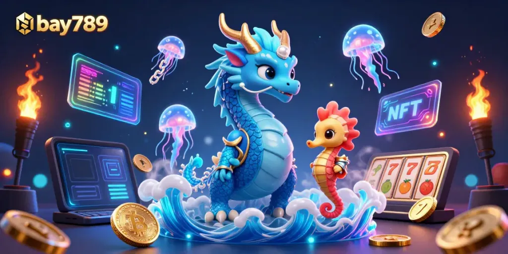 Join the thrilling bay789 action with a stunning azure dragon and vibrant casino elements in an immersive illustration.