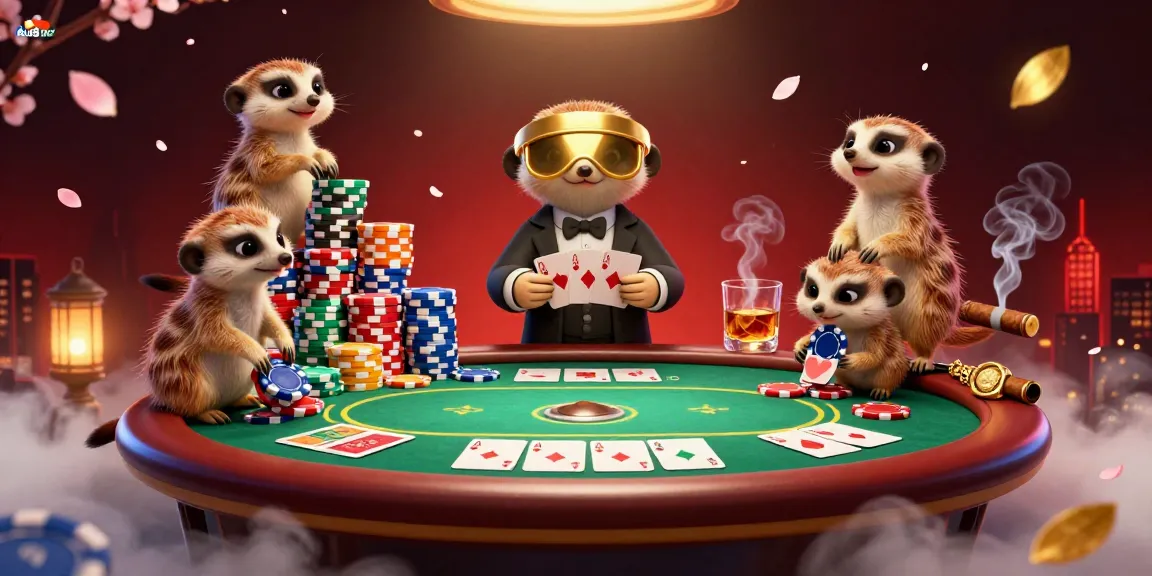Experience exciting gambling action at Au88 DM with meerkats running a casino, showcasing poker games and vibrant atmosphere.