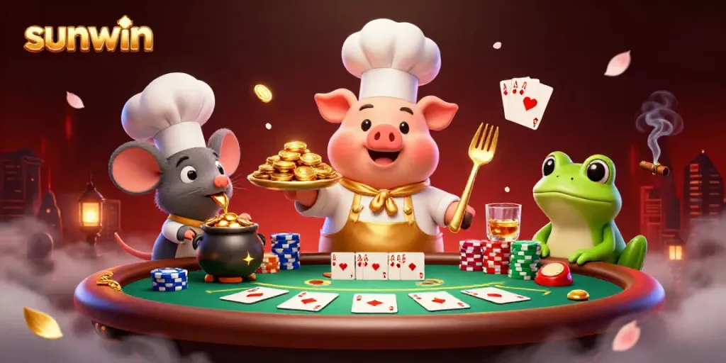 Engage with sunwin's playful scene of a gourmet pig chef serving gold coins at a poker table.